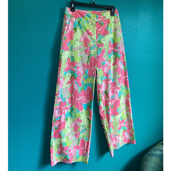 Lilly Pulitzer Parrots in Paradise Pink & Green Wide Leg Pants Women's 4 - Picture 2 of 9